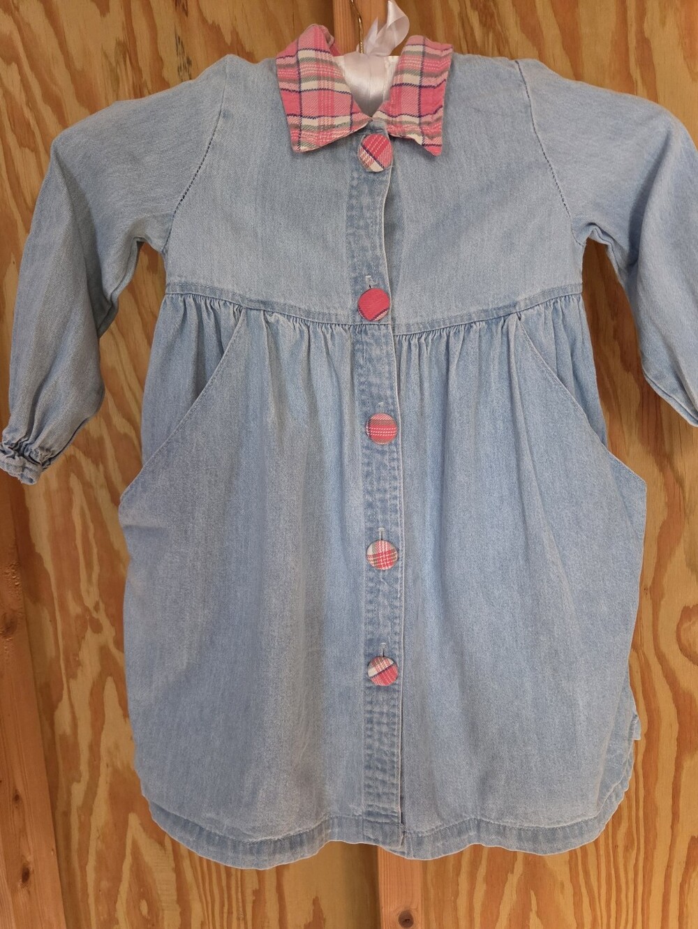Vintage 90s Toddler Denim Button Front Dress Pink Plaid Collar Pockets 4T
